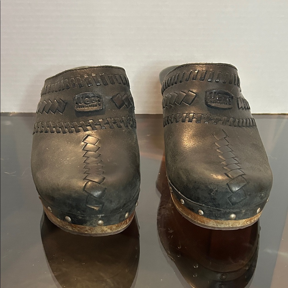 UGG Black Leather Woven Clogs - Picture 3 of 7